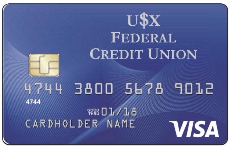 Mockup of Visa Blue Credit Card with USX Federal Credit Union logo, card number, cardholder name, and Visa logo