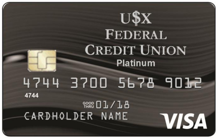 Mockup of Visa Platinum Credit Card with USX Federal Credit Union logo, card number, card holder name and Visa logo