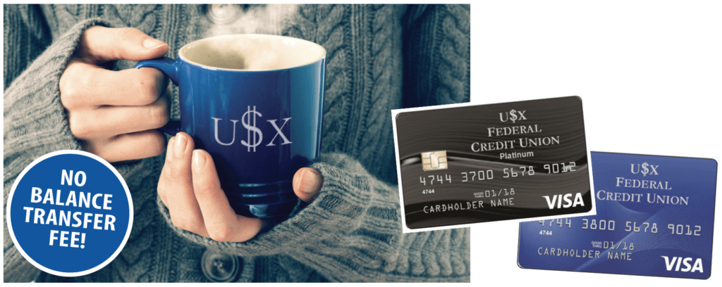 Woman holding USX Coffee Mug with Credit Cards beside it