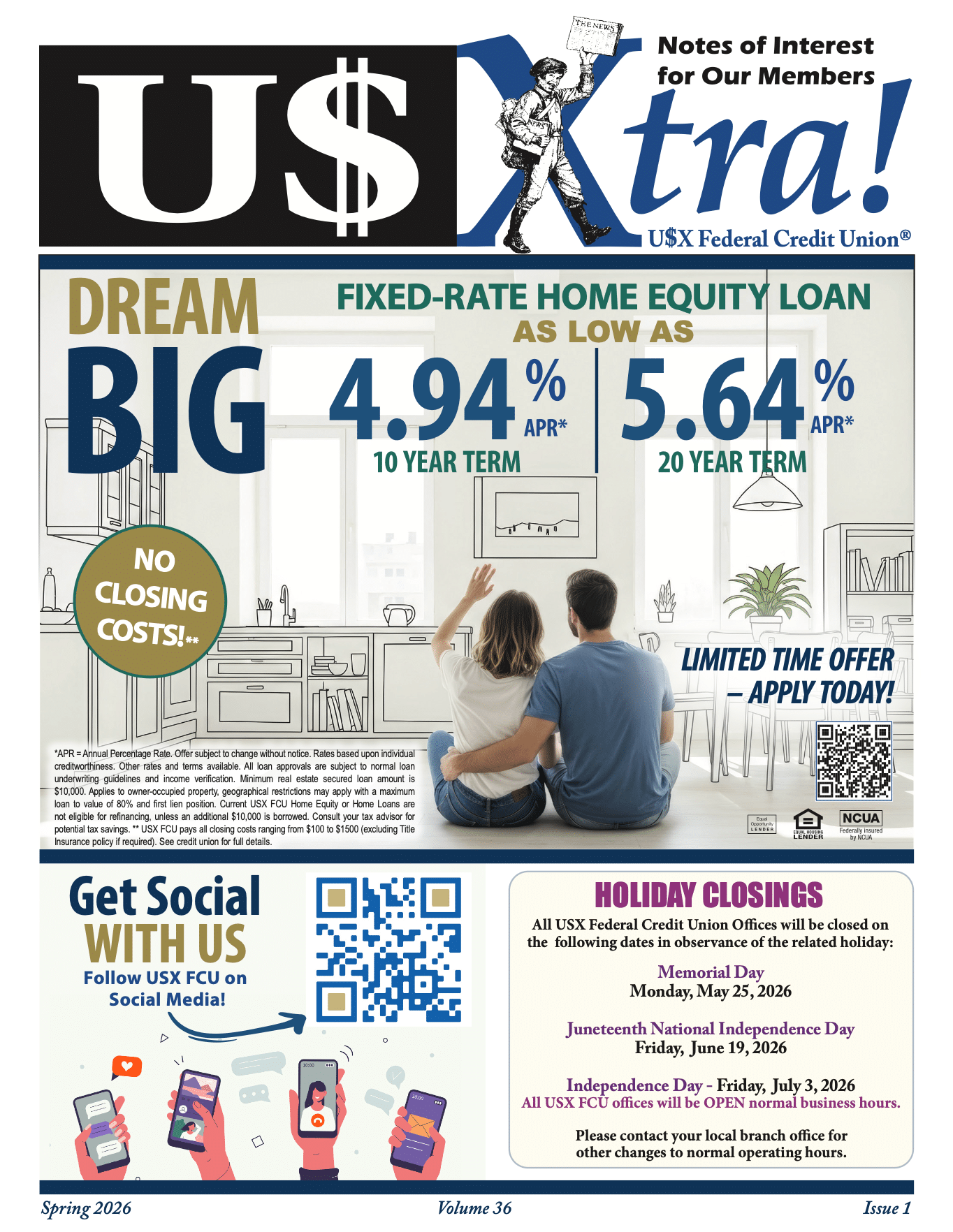USXtra newsletter cover for USX Federal Credit Union. Promotes fixed-rate home equity loans, social media engagement, and lists holiday closures.